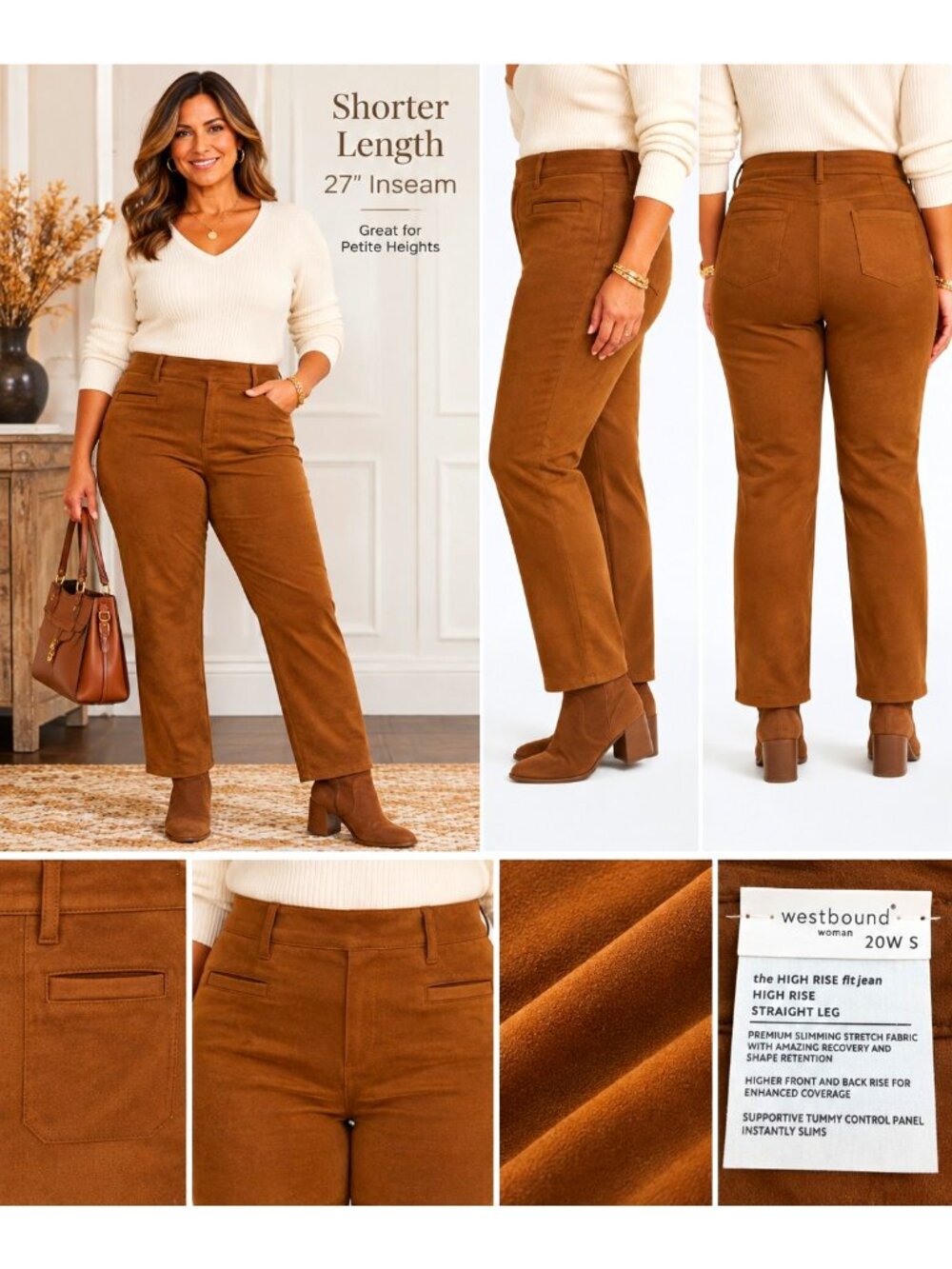 Westbound Women's Brown High Rise Stretch Faux Suede Size 20S WPants 27" Inseam